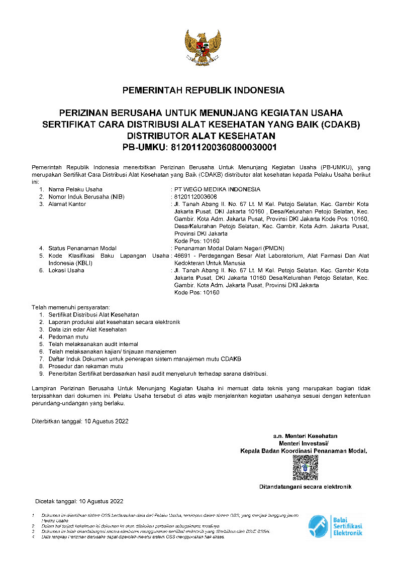 CDAKB certificate for PT Wego Medika Indonesia